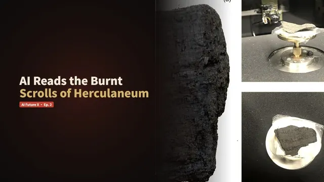 YouTube thumbnail: AI reads the burnt scrolls of Herculaneum.
