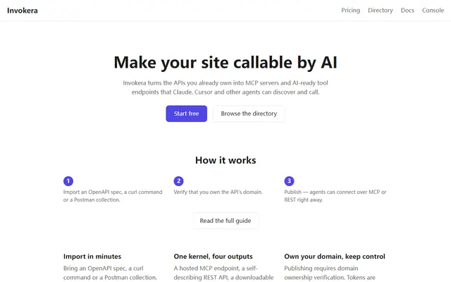 Screenshot of the Invokera home page.